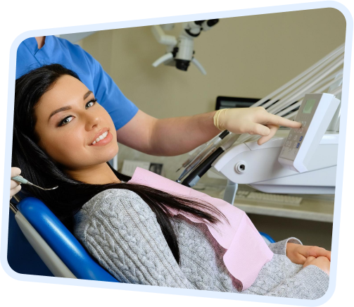 arafed woman sitting in a chair with a dentist in the background