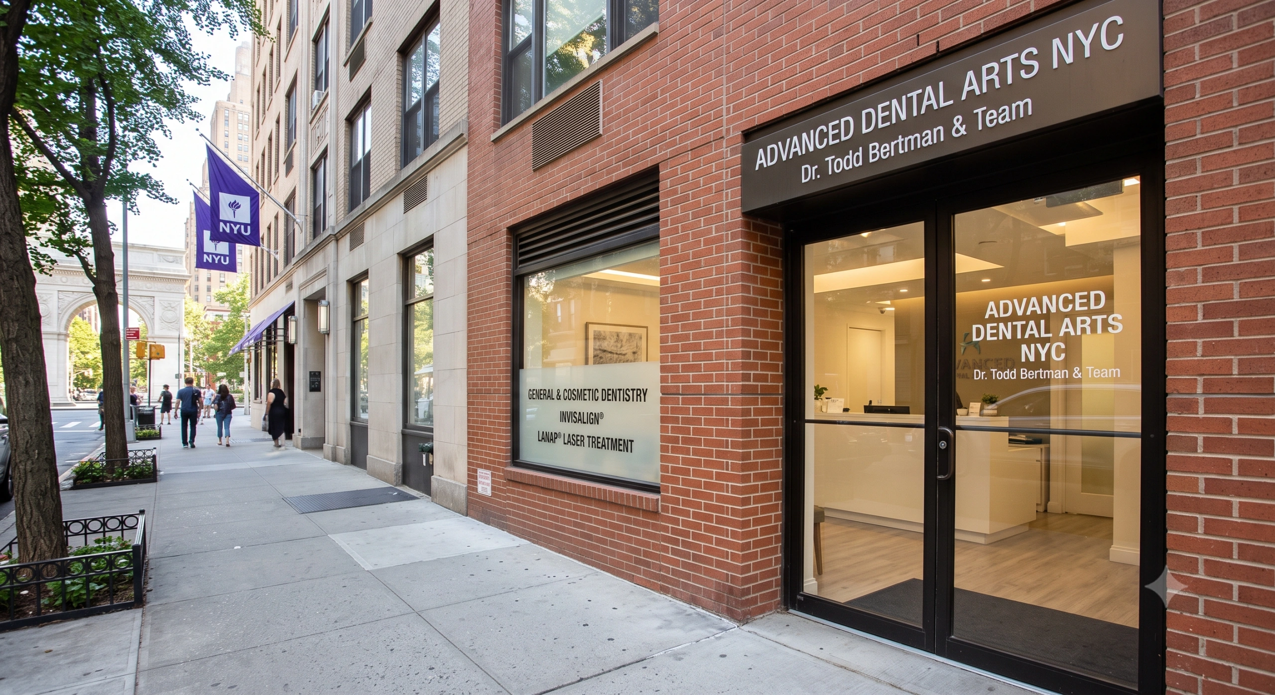 Advanced Dental Arts NYC storefront with "Dr. Todd Bertman & Team" sign, showing listed services like Invisalign and LANAP®.