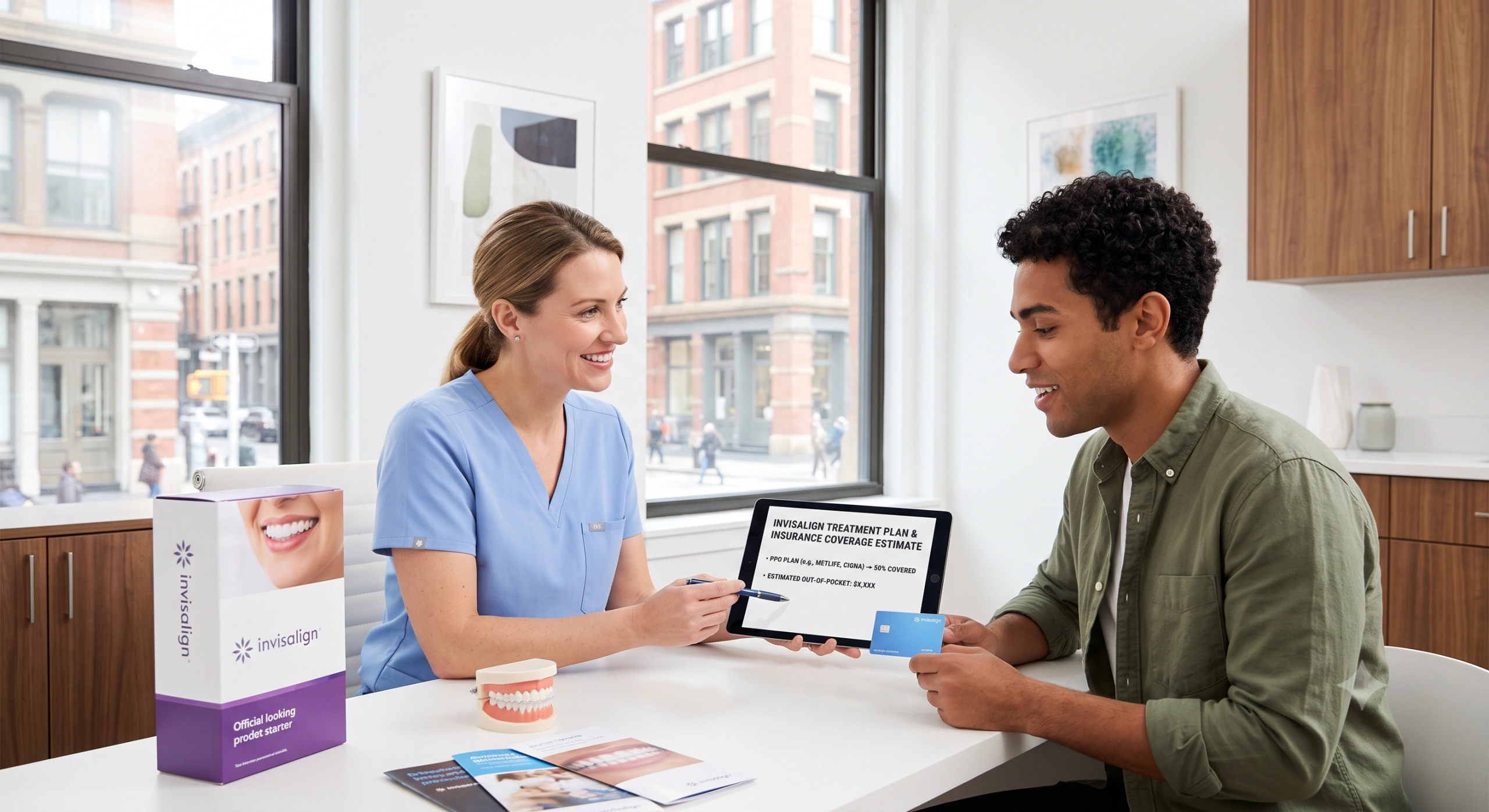 Dentist and patient reviewing an Invisalign insurance estimate on a tablet.