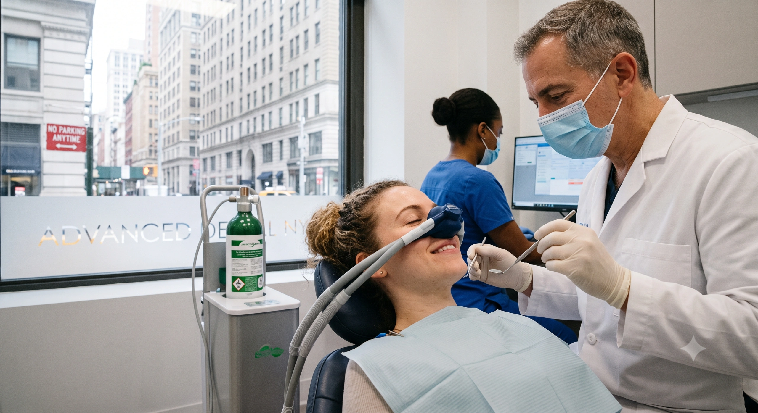 A smiling patient wearing a nitrous oxide mask while a dentist works, set in a bright NYC dental office